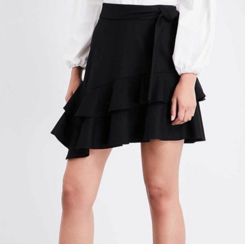 Maje Black Wool assymetric Ruffle Flounce tiered Mini Skirt M